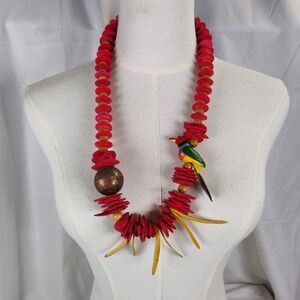 Vintage Carved Wood Chunky Necklace 28in Parrot Bird Tribal Boho
